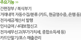 주요기능은 간편장부/복식부기, 거래내역 자동수집/분류(카드,현금영수증,은행등), 전자세금계산서발행, 인사급여/4대보험신고, 전자세무신고(부가가치세, 종합소득세 등), 카드단말기/포스 매출관리